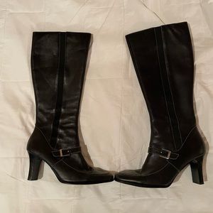 Maripe’ tall black leather boots with 3” heel size 10M